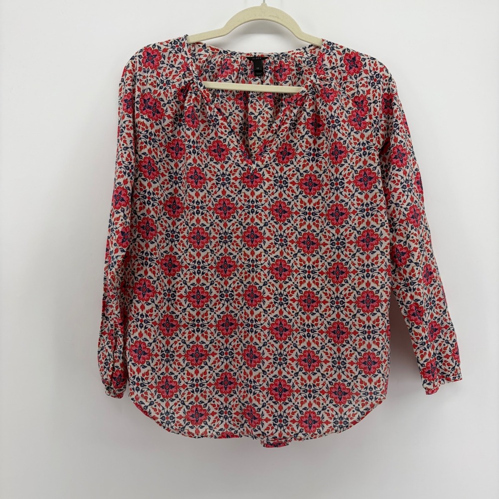 J.Crew Womens XS Red Blue Silk Blend Medallion Print Split Neck Blouse